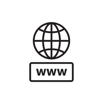 Simple line art icon representing a globe and the word www for internet access