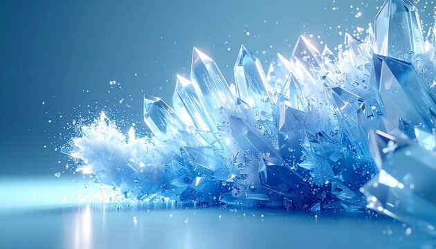 Blue crystal shards exploding with water splash on clean background