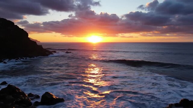 A beautiful sunset over the ocean with dark rocks in the foreground and a colorful sky reflecting on the water surface