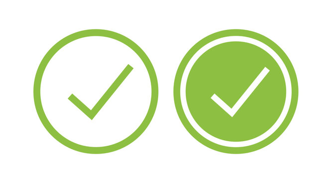 Set green checkmark icons in circular outline and filled styles isolated on white background clean