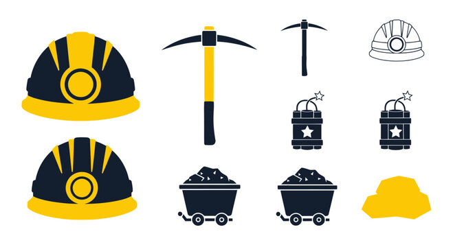 Mining Tools and Equipment Icons: Helmets, Pickaxe, Dynamite, Coal Cart