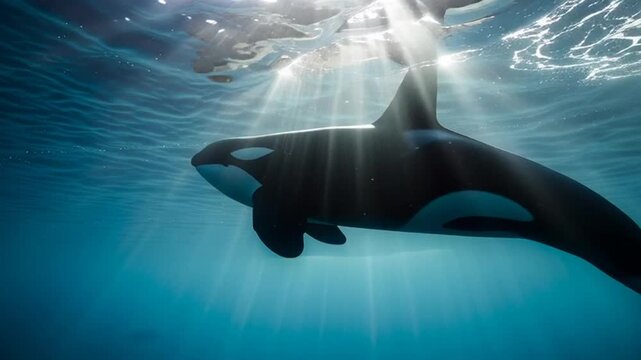 Orca Killer Whale Swimming Underwater Sunlight Rays Ocean