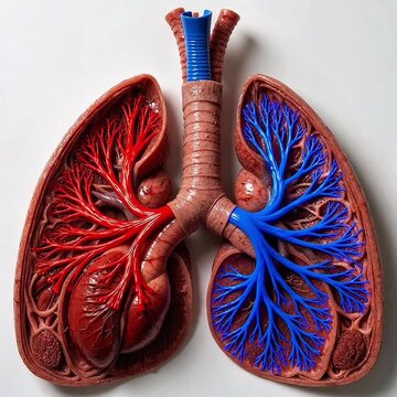 Anatomical model of the human lungs and trachea, showcasing the bronchial tree and vascular system in vibrant colors