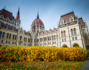 Naklejka premium Hungarian Parliament Building, Orszaghaz, close-up facade of detailed Gothic architecture, iconic landmark and historic European building in Budapest
