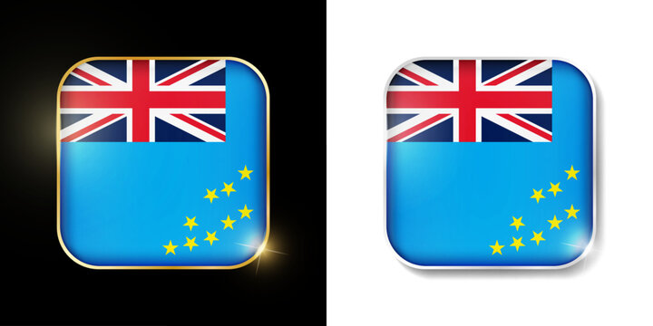 Tuvalu flag shiny golden and silver icons isolated on black and white. Vector 3D square rounded illuminated buttons with shadow. Use for bets, tournament, sport games