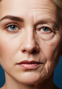 Close-up portrait highlighting a blend of smooth skin and fine lines, merging youthful vitality with aged wisdom in a detailed artistic view, process, features, facial