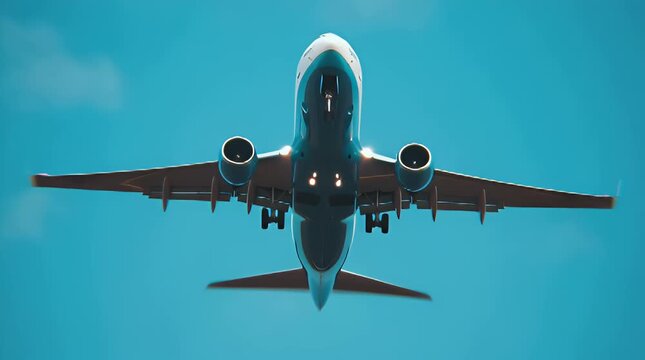 Modern passenger airplane taking off on approach viewed from a low angle against a bright blue sky conveying travel business and technological advancement