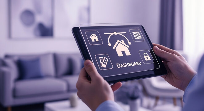 Person using smart home application on tablet computer to manage security climate control and interior design settings in a contemporary house