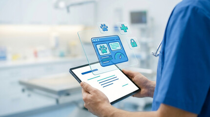 Obraz premium Male veterinarian in blue scrubs holding digital tablet with holographic pet health records interface for modern animal clinical management services.