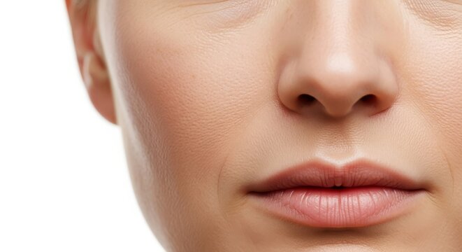 Detailed close up view of skin to examine facial symmetry and elasticity, focusing on subtle signs of maturation within bright lighting, routine, self-care, aging