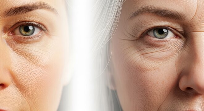 Detailed close up showing skin texture evolving over time with subtle wrinkles, fine lines, and gray hair appearing as years pass by slowly, dermatology, fading, skin