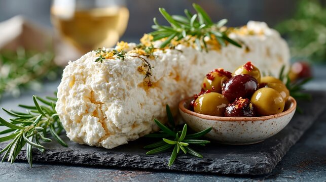 a plate of food with olives and goat cheese on it next to a glass of wine