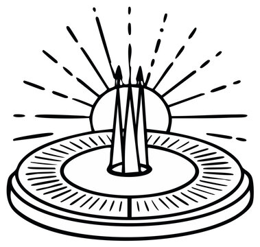 Stylized sundial device with radiating sun lines and pointed gnomon in a graphic drawing style