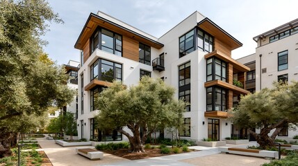 Fototapeta premium Modern apartment building with wooden balconies.