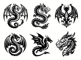 Obraz premium Set of black and white dragon silhouettes for tattoos and emblems