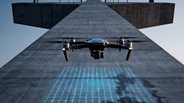 A sleek drone hovers above a concrete surface with a blue grid pattern