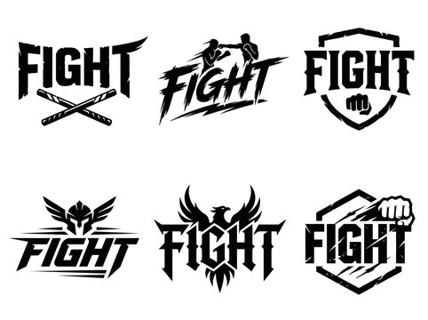 Set of fight club logos with boxing, martial arts and combat elements