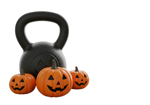 Black kettlebell with carved pumpkins.