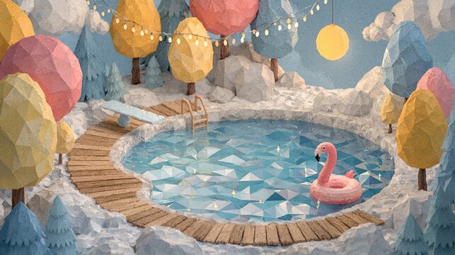 Summer pool with pink flamingo float.