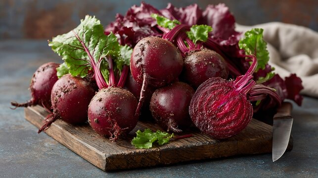 Fresh beet roots with green leaves on wooden board.