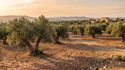 Fototapeta premium Sunlit olive grove landscape with dry Mediterranean countryside and distant hills