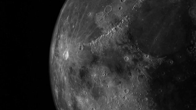 Textured surface of the moon close-up in motion. 3d animation. Planet Earth View From Moon Surface In Space Crescent, Astronomy, Lunar Cycle