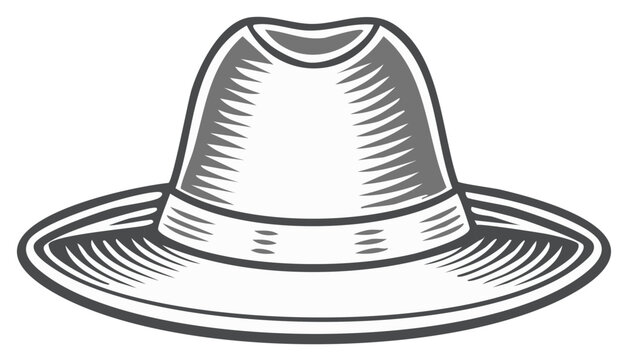 Classic fedora hat with textured band and brim illustrated in monochrome style