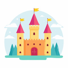 Fototapeta premium Cartoon Castle with Flags and Clouds