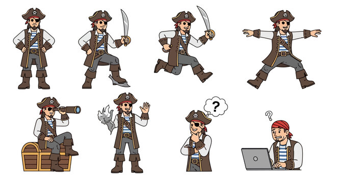 Pirate cartoon characters various actions.