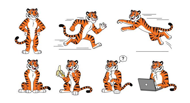 Collection of Cartoon Tigers in Various Poses and Activities.