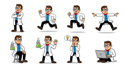 Naklejka premium Cartoon scientist in lab coat poses.