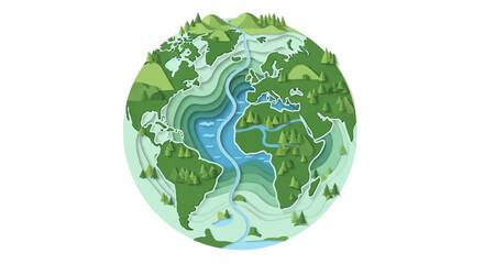 Fototapeta premium Illustration of Earth with lush green forests and winding blue rivers on a white background