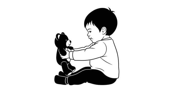 Minimalist Line Art Vector Illustration of a Baby Holding a Teddy Bea