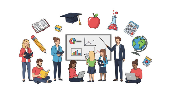Diverse group of students and teachers engaged in learning and teaching activities.