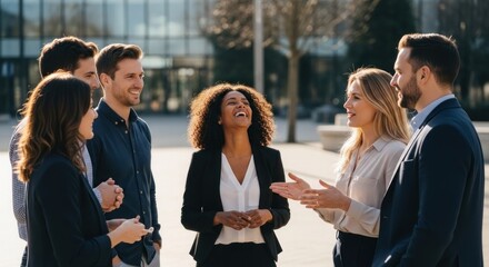 Fototapeta premium A group of six business professionals standing outdoors in front of a modern glass building.
