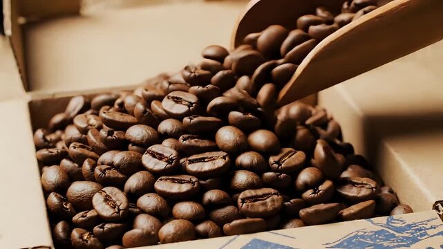 Closeup of roasted coffee beans being scooped into a box.