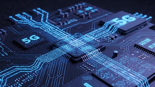 Close-up of a computer processor with glowing blue lines, representing data transfer and digital technology on a dark background