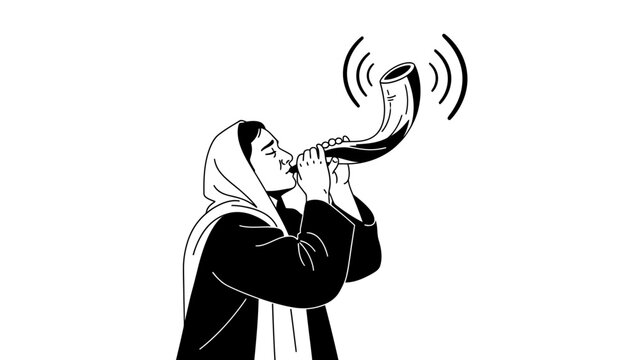 Woman blowing shofar horn for Rosh Hashanah, Jewish New Year tradition illustration.