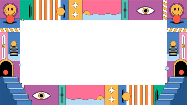 Colorful abstract cartoon frame with playful icons for social media background