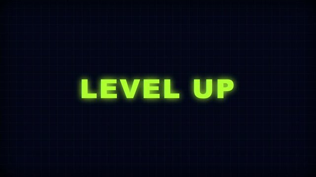 Level up text flickering with neon green glow and cinematic glitch effect on black screen for esports video production