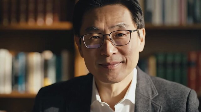Man reading documents in library focused on work and research during daytime hours with shelves of books in the background