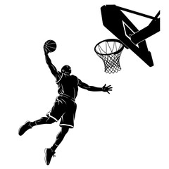 Silhouette Illustration of a Basketball Player Performing a Powerful Slam Dunk © fiqri
