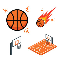 Set of Basketball Icons and Isometric Illustrations with Flaming Ball and Court © fiqri