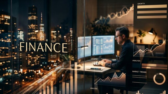 Professional Financial Analyst Working on Stock Market Data at Night