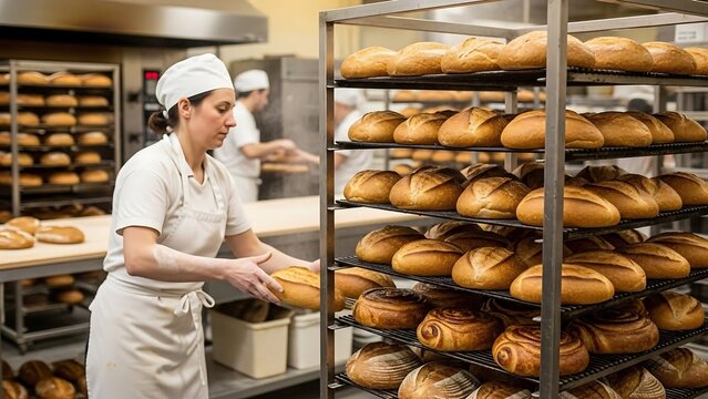 Baker working in a bakery kitchen.