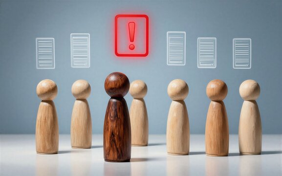 Wooden figures stand before glowing document icons one highlighted by