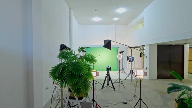 Professional video production studio with green screen