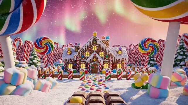A whimsical winter wonderland scene featuring gingerbread houses, colorful candies and a snowy landscape with a magical atmosphere