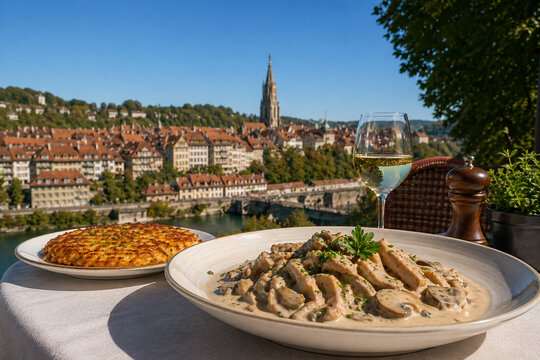 Z&uuml;rcher Geschnetzeltes with Golden R&ouml;sti and White Wine at Swiss Outdoor Restaurant, Scenic Bern Old Town View in Clear Blue Sky