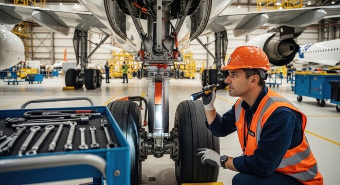 A man in an orange helmet and high-visibility vest is inspecting an aircraft wheel in a hangar with other aircraft in the background.